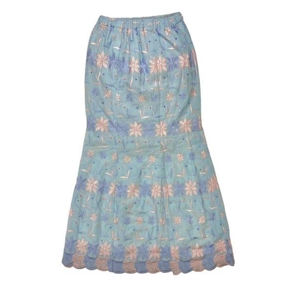 Allover Floral Embroidered Skirt Womens Sz S Light Blue Tiered Hem Maxi Pull-On - Picture 7 of 14
